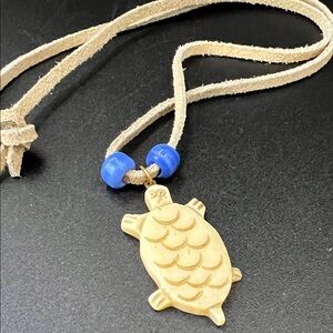 Vintage Carved Buffalo Bone Turtle Pendant Necklace with Blue Beads